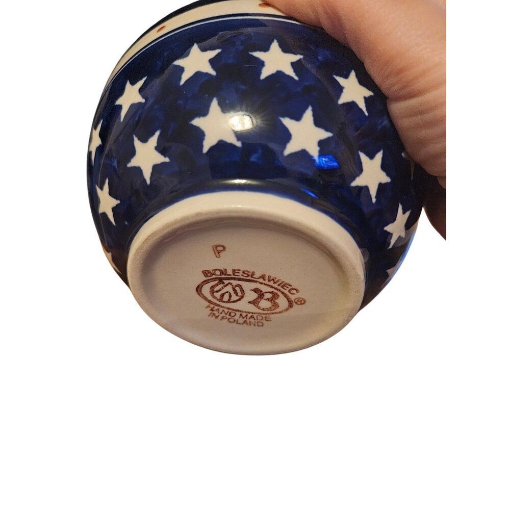 Handmade Boleslawiec Polish Pottery Small Bowl Blue Stars Pattern 5" Diameter - Picture 4 of 4